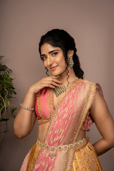 Peach Pink With Mustard Gold Silk Lehenga