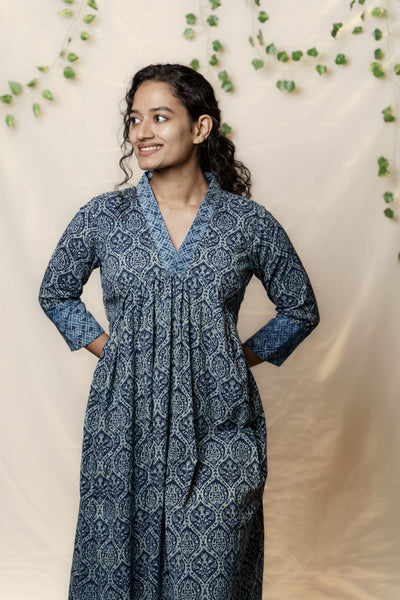 Indigo Printed V-neck Yoke Dress