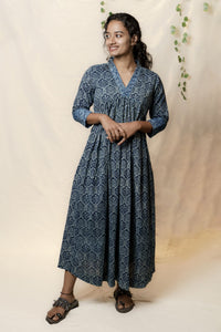 Indigo Printed V-neck Yoke Dress