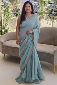 Blue Organza Embroidered Drape Saree