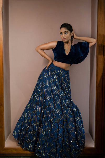 Blue Velvet Ruffle Crop Top Lehenga