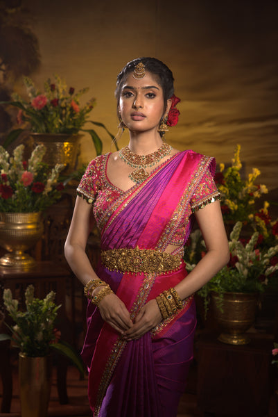 Purple & Magenta Kancheepuram Silk Saree – Double Border With Blouse