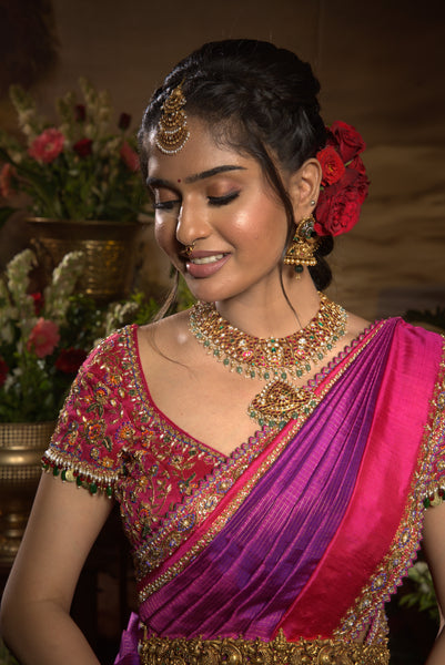 Purple & Magenta Kancheepuram Silk Saree – Double Border With Blouse