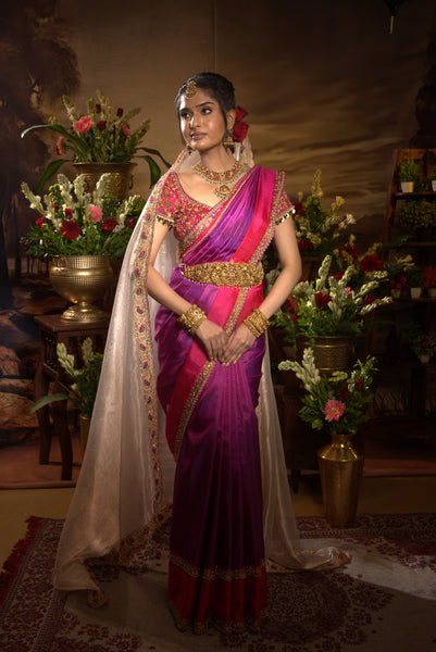 Purple & Magenta Kancheepuram Silk Saree – Double Border With Blouse