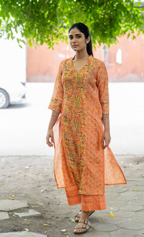 Pure Chanderi Silk In Orange Co-ord Set