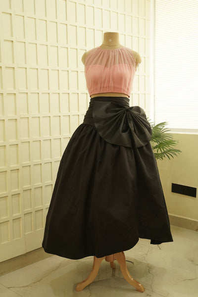 BLACK DRAPE SATIN SKIRT AND SOFT GATHER TUELLE CROP TOP