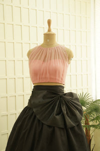 BLACK DRAPE SATIN SKIRT AND SOFT GATHER TUELLE CROP TOP