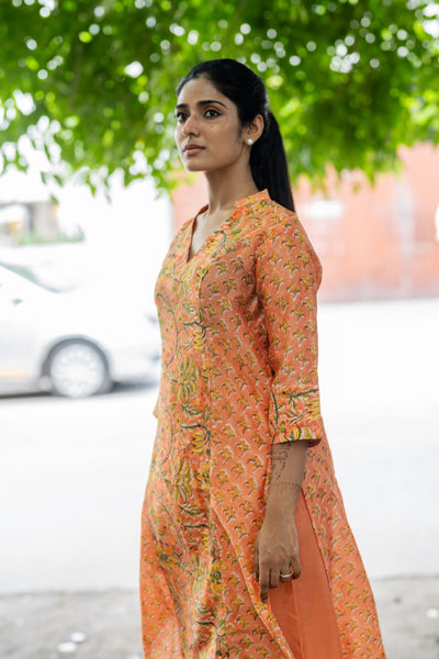 Pure Chanderi Silk In Orange Co-ord Set