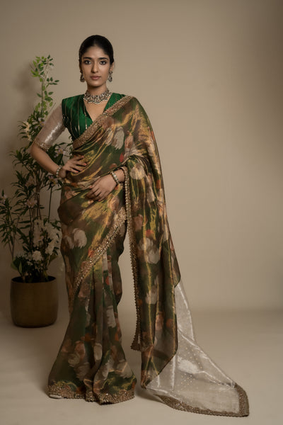 ANTARA - GREEN FLORAL TISSUE EMBROIDERED SAREE