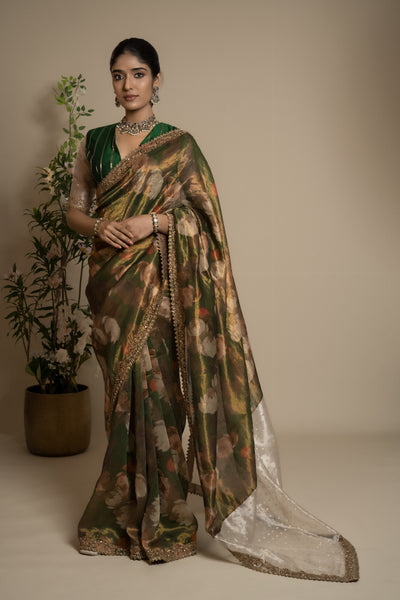 ANTARA - GREEN FLORAL TISSUE EMBROIDERED SAREE