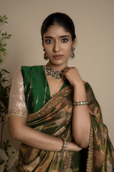 ANTARA - GREEN FLORAL TISSUE EMBROIDERED SAREE