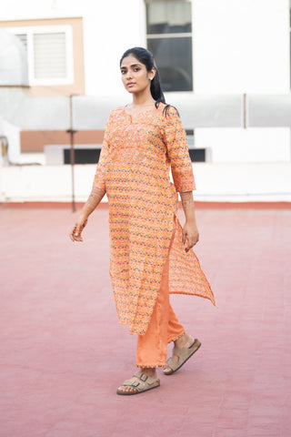 Pure Chanderi Silk In Sunset Orange Co-ord Set