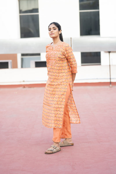 Pure Chanderi Silk In Sunset Orange Co-ord Set