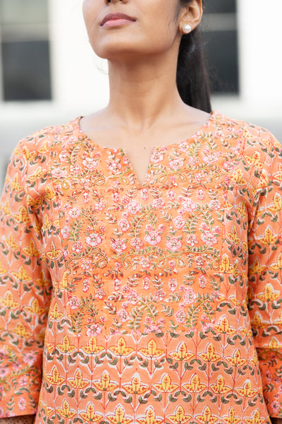 Pure Chanderi Silk In Sunset Orange Co-ord Set