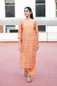 Pure Chanderi Silk In Sunset Orange Floral Co-ord Set