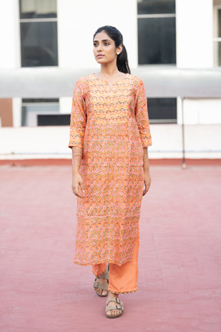 Pure Chanderi Silk In Sunset Orange Floral Co-ord Set
