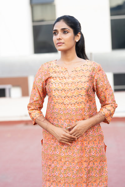 Pure Chanderi Silk In Sunset Orange Floral Co-ord Set