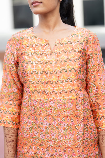 Pure Chanderi Silk In Sunset Orange Floral Co-ord Set