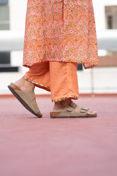 Pure Chanderi Silk In Sunset Orange Floral Co-ord Set