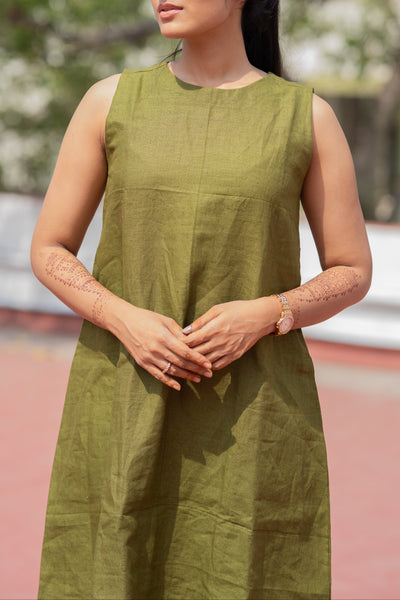 Pure Linen Green Dress