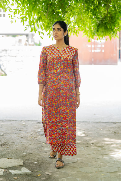 Red Co-ord Set In Pure Assam Silk