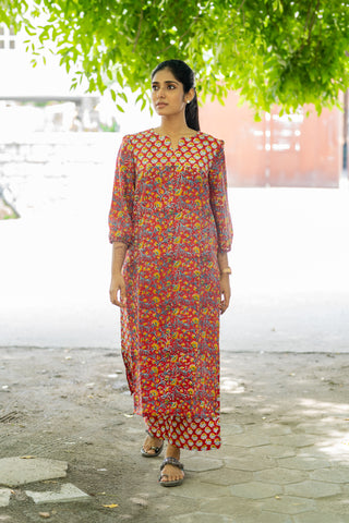 Red Co-ord Set In Pure Assam Silk