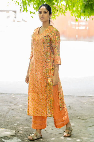 Pure Chanderi Silk In Orange Floral Co-ord Set