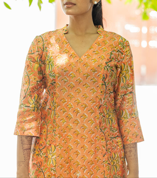 Pure Chanderi Silk In Orange Floral Co-ord Set