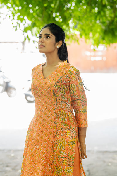 Pure Chanderi Silk In Orange Floral Co-ord Set
