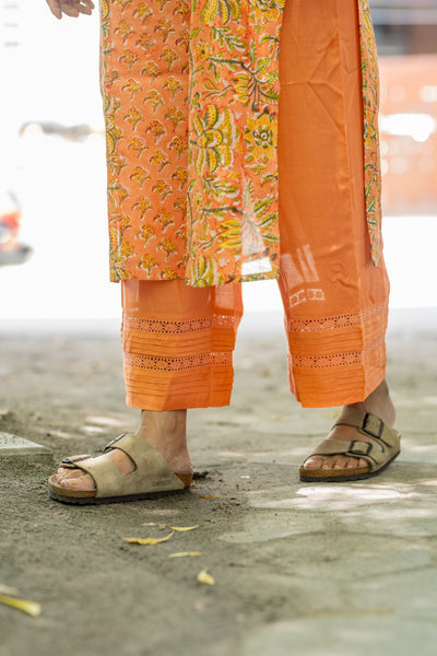 Pure Chanderi Silk In Orange Floral Co-ord Set