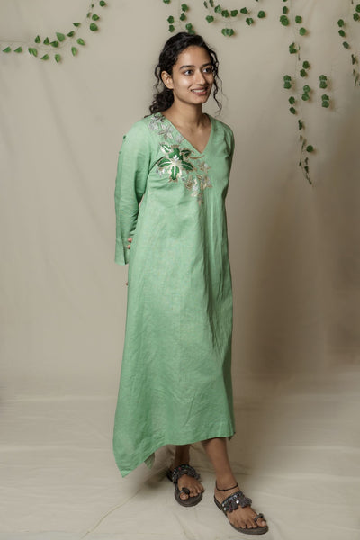 Green Embellished Linen Dress
