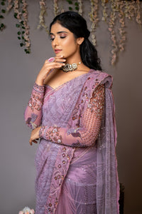 Mauve Net Embroidered Saree