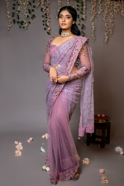 Mauve Net Embroidered Saree