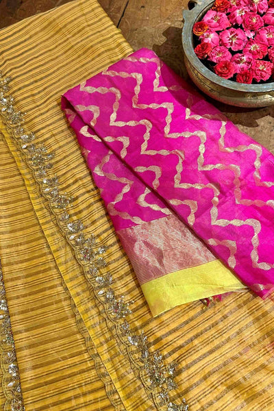 Antara - Yellow Woven Tissue Striped Saree