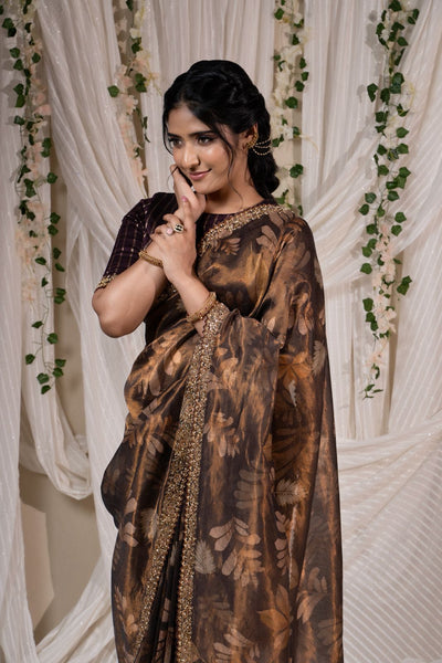 Coffee Brown Floral Tissue Saree
