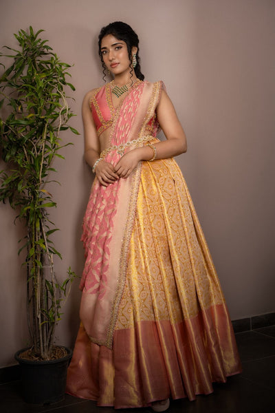 Peach Pink With Mustard Gold Silk Lehenga