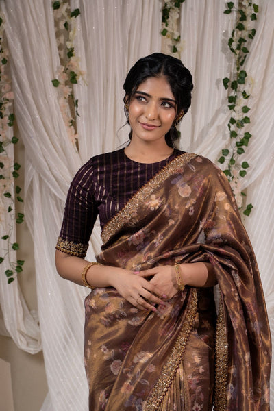 Antique Bronze Brown Floral Tissue Saree