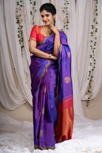 Royal Purple With Coral Pink Kanjeevaram Silk Saree With Blouse