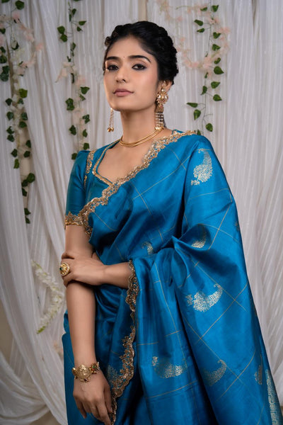 Sapphire Peacock Kanjeevaram Silk Saree With Blouse