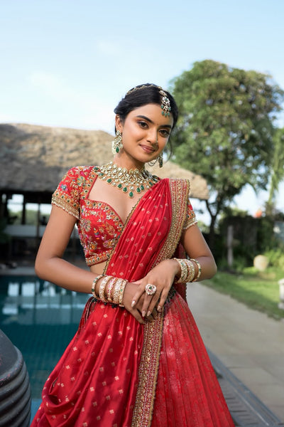 Cherry Red Silk Tissue Lehenga