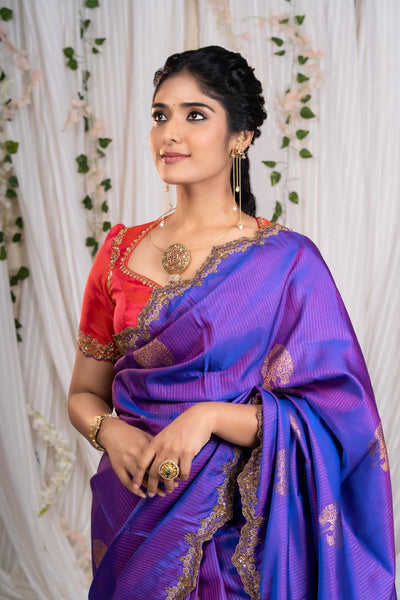 Royal Purple With Coral Pink Kanjeevaram Silk Saree With Blouse