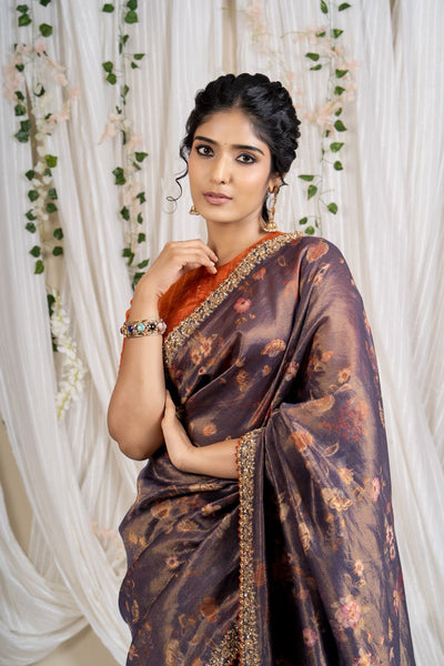 Deep Amethyst Floral Tissue Saree