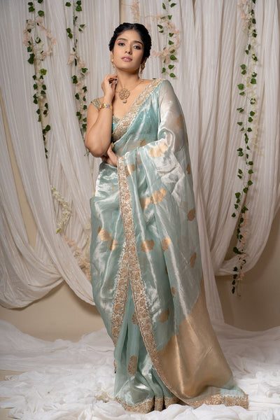Aqua Mist Tissue Embroidered Saree With Blouse