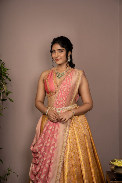 Peach Pink With Mustard Gold Silk Lehenga
