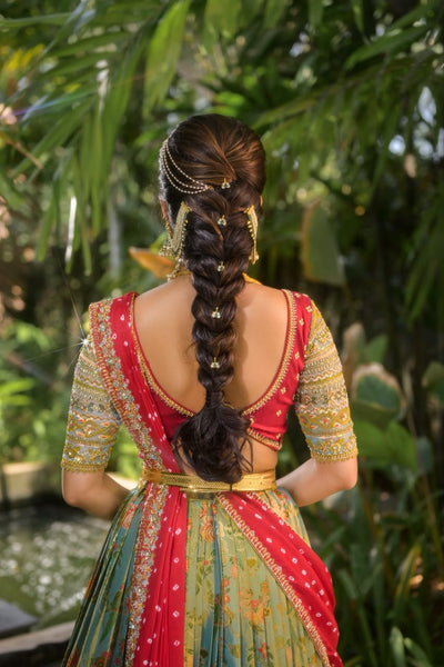 Antique Sage And Ruby Red Silk Lehenga With Bandhini Shawl