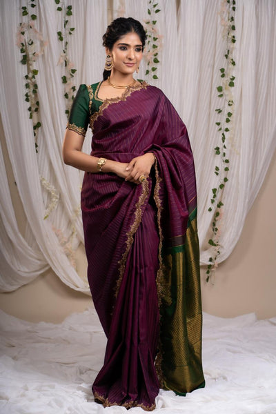Regal Plum With Emerald Kanjeevaram Silk Saree With Blouse