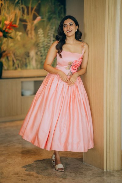 Peach Pink Varnam Corset Dress With Floral Strap