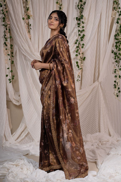 Antique Bronze Brown Floral Tissue Saree