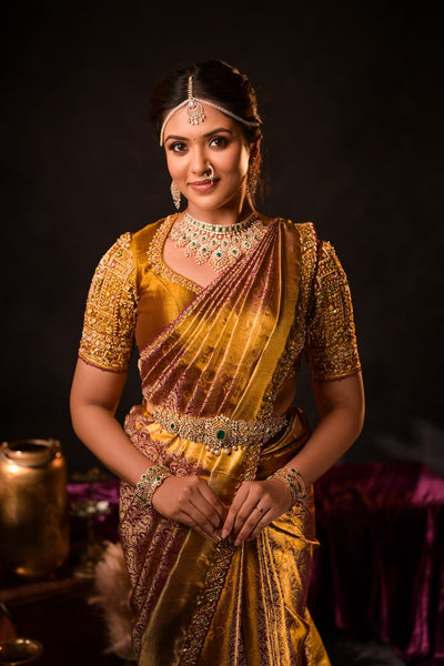 Gold Regal Purple Kanchee Tissue Saree With Blouse