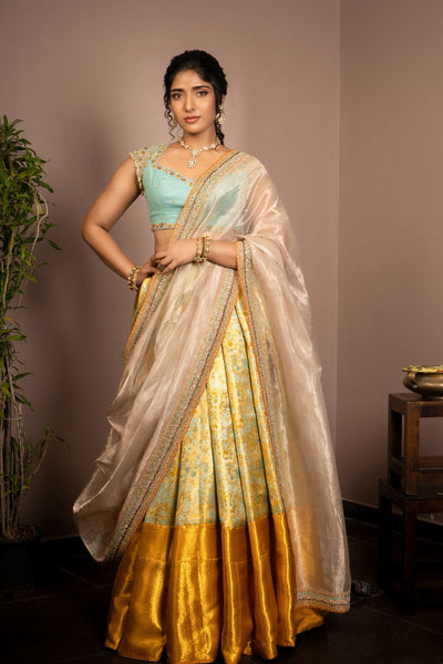 Aqua Breeze Blue With Mustard Gold Silk Lehenga